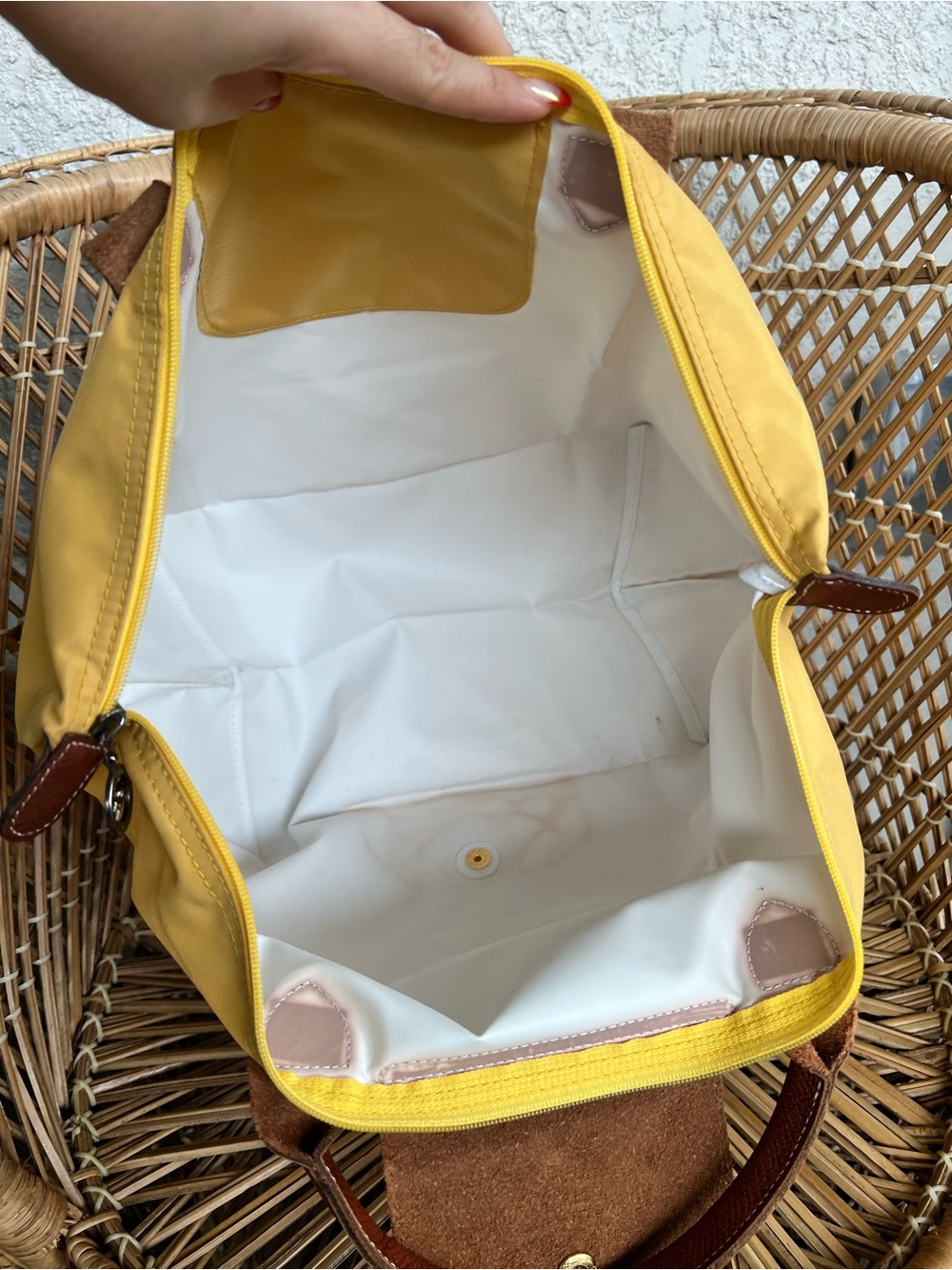 Longchamp Yellow Tote Bag with Brown Leather Trim - Classic Women's Handbag - Picture 7 of 8